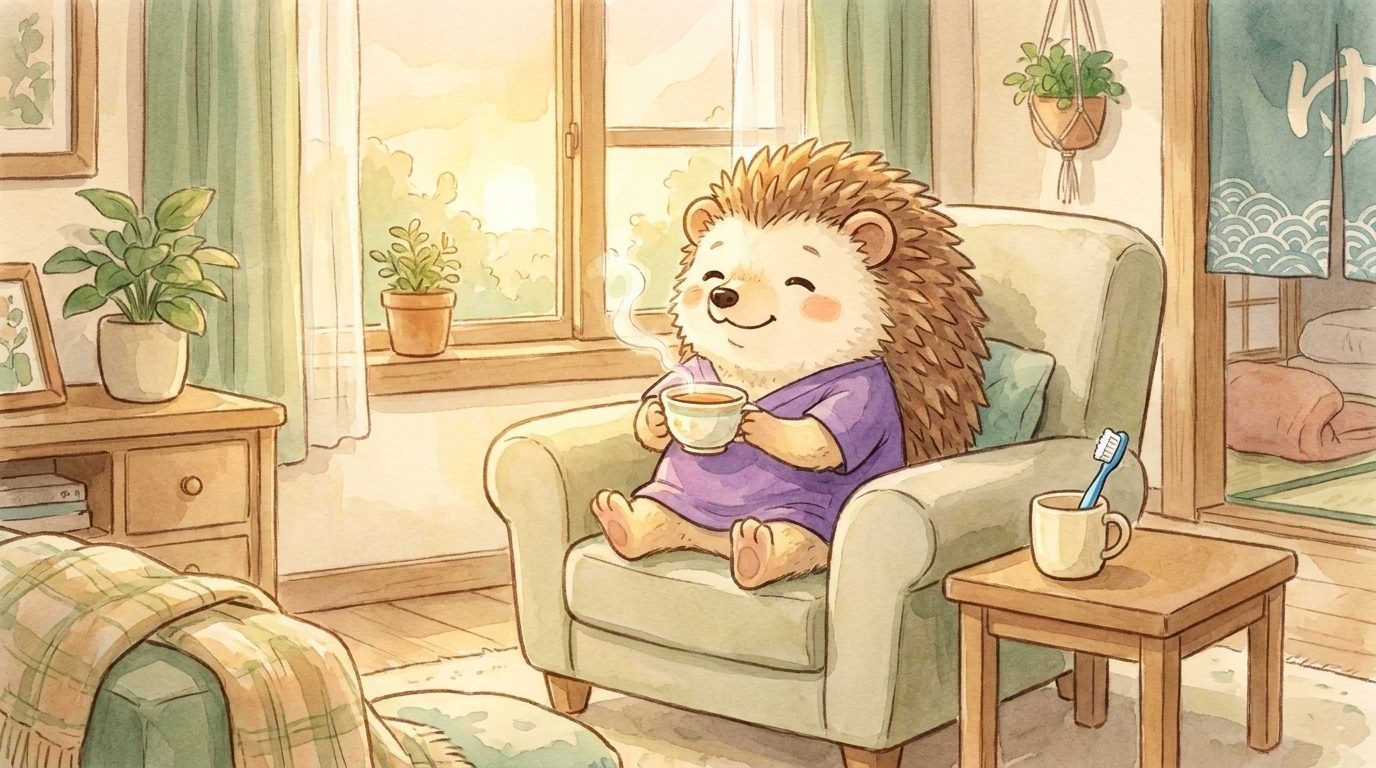 歯磨きを終えてお茶を飲みながらほっとひと息つくハリネズミのイラスト